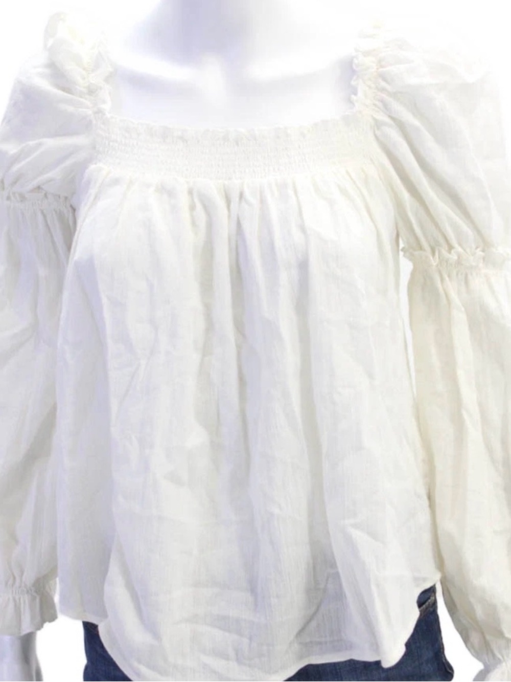 7 For All Mankind White Smocked Square-Neck Peasant Blouse